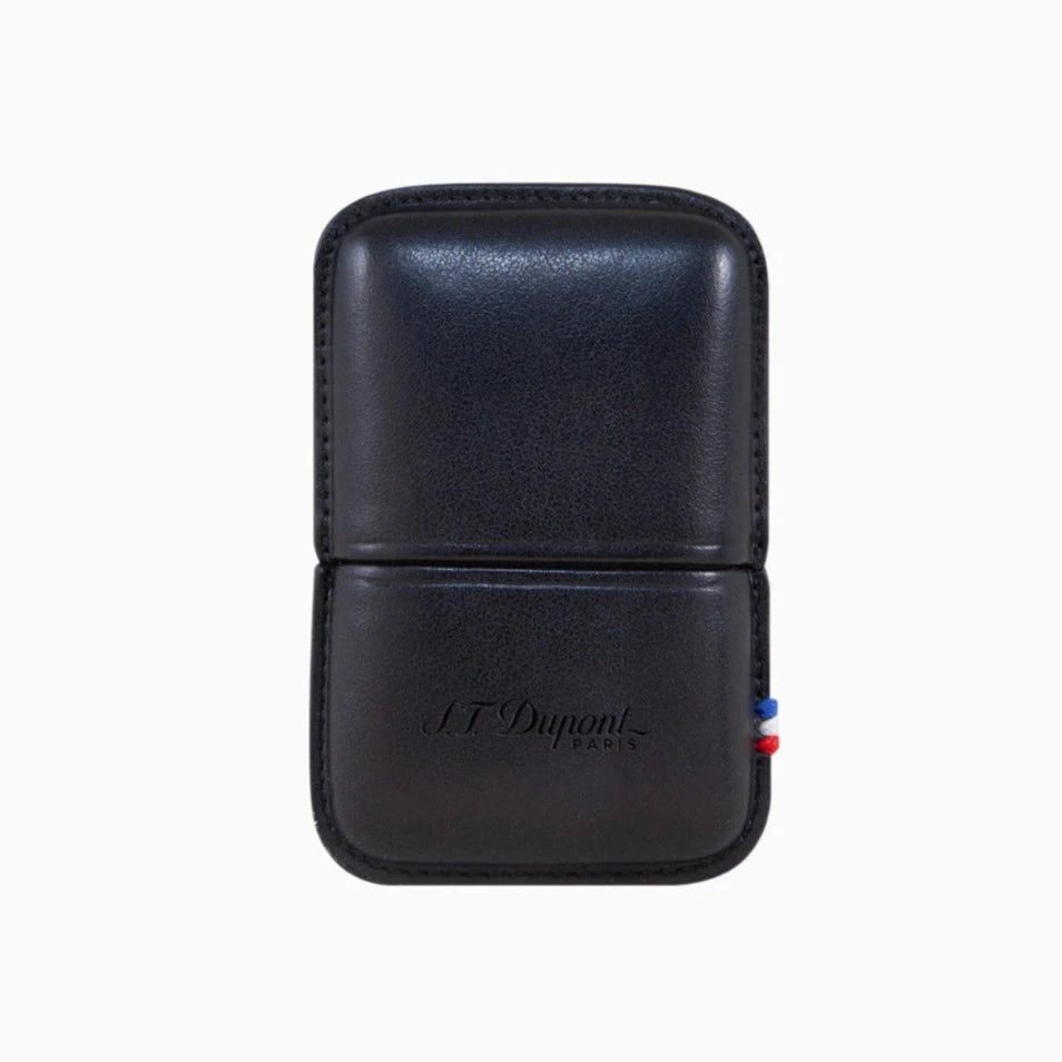 An S.T. Dupont Black Leather Line 2 Lighter Case with a flag on it.