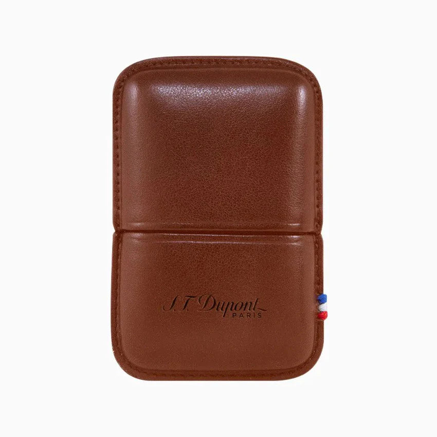 A S.T. Dupont Brown Leather Line 2 Lighter Case with a red, white and blue stripe made of calfskin leather.