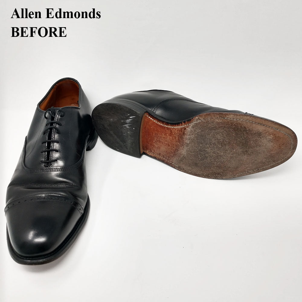 Certified shoe restoration of Allen Edmonds shoes before and after by KirbyAllison.com's Kirby Allison Certified Restoration and Refurbishment.