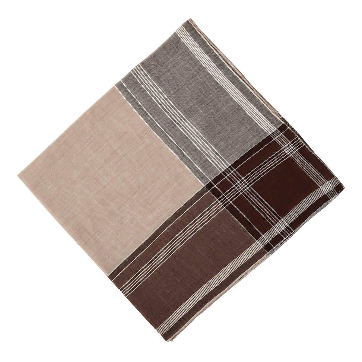 A brown and grey plaid Simonnot Godard Arlequin Marron pocket square made of Egyptian woven cotton, featuring a hand rolled hem, on a white background, available at KirbyAllison.com.