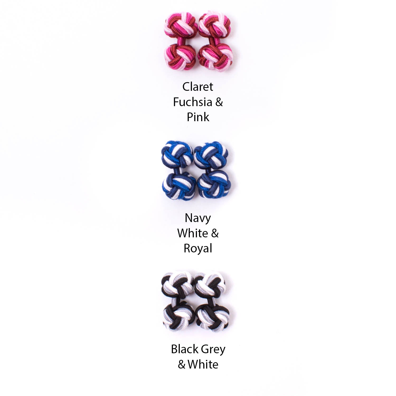 Four different colors of Tri-Colored Knot Cufflinks by KirbyAllison.com are shown on a white background, featuring silk knot cufflinks.