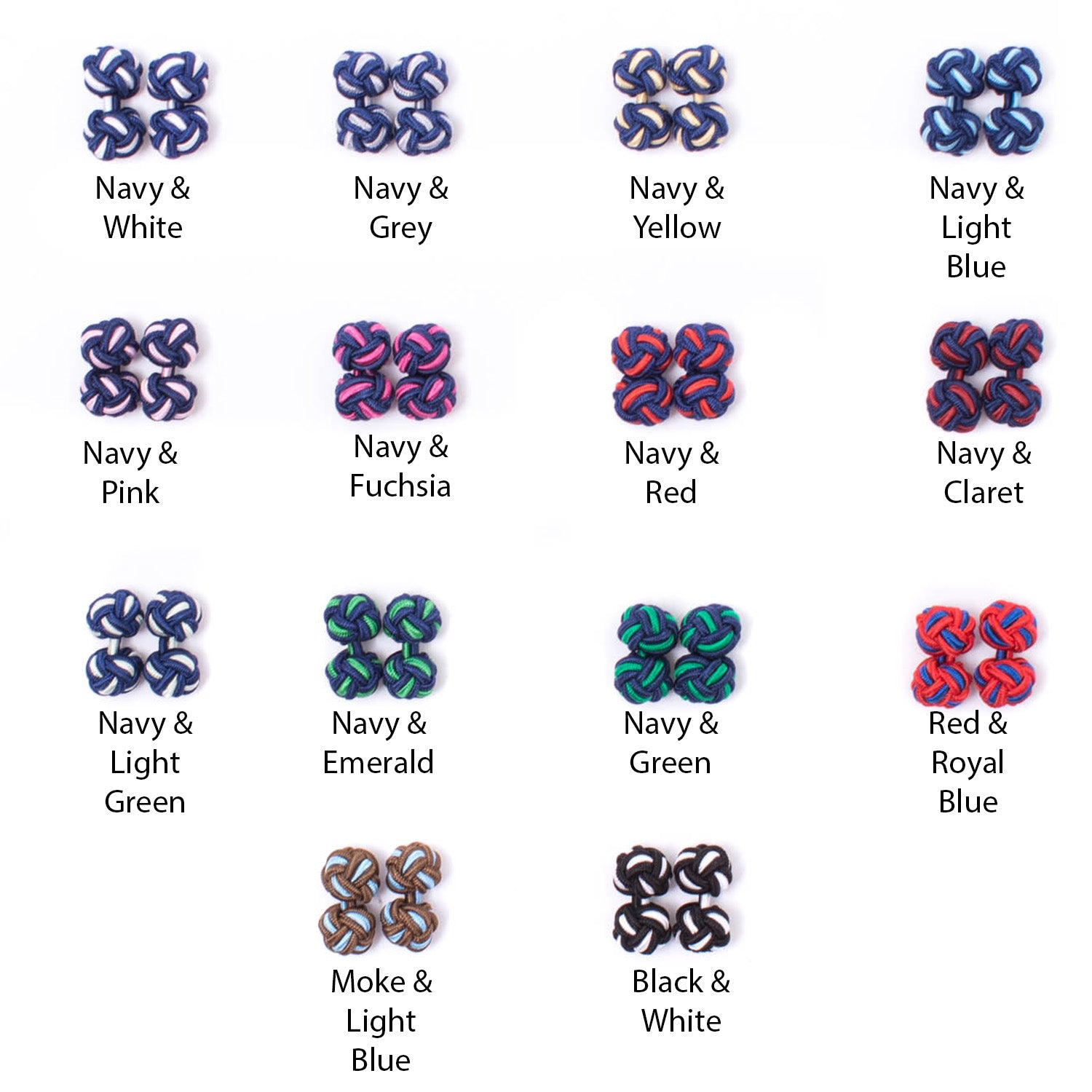 A chart displaying various colors and patterns of Dual Colored Knot Cufflinks by KirbyAllison.com.