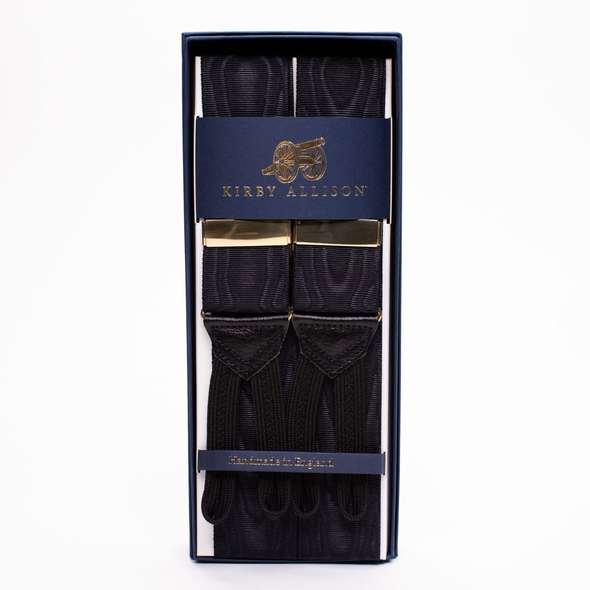 A pair of Sovereign Grade Black Moire Braces (Gold) by KirbyAllison.com in a box.