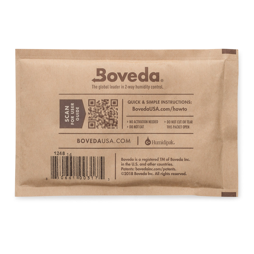 Medium KirbyAllison.com Boveda Humidity Pouch (60g) facial wipes in a brown bag.