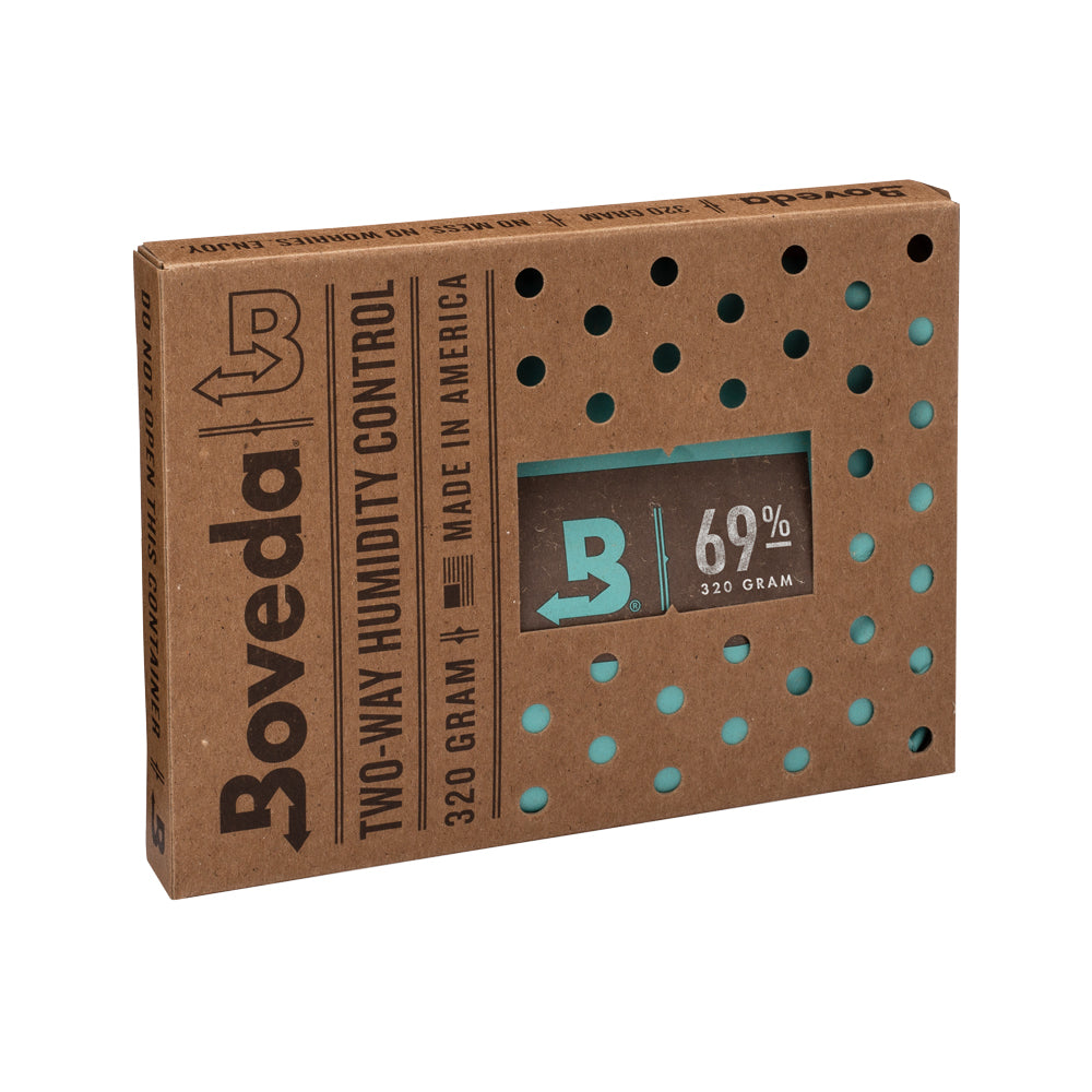 KirbyAllison.com Large Boveda Humidity Pouch (320 Gram) in a cardboard box with controlled RH levels.