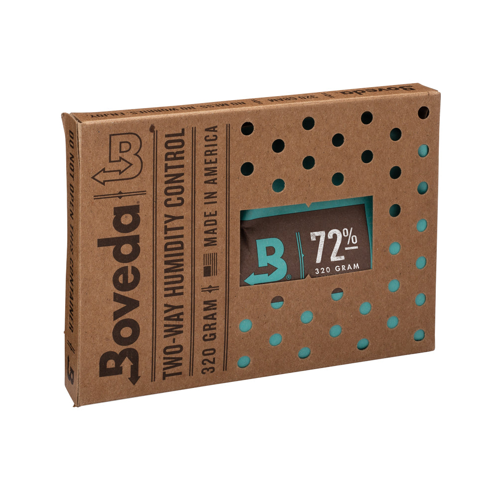 A box of Large Boveda Humidity Pouch (320 Gram) by KirbyAllison.com in a brown box for long-term cigar storage, maintaining optimal RH levels.