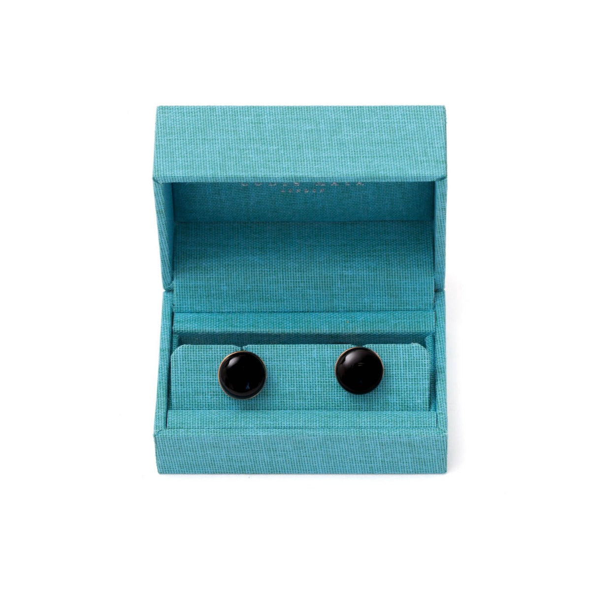 A pair of Onyx Stone Gold Capsule Cufflinks from KirbyAllison.com in a blue box.