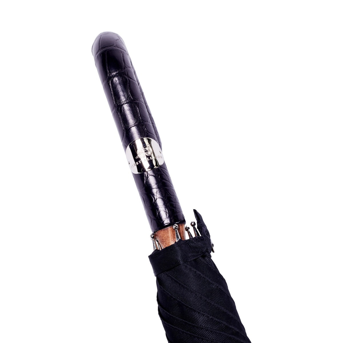 A KirbyAllison.com Black Alligator Solid Stick umbrella with a Black Canopy.