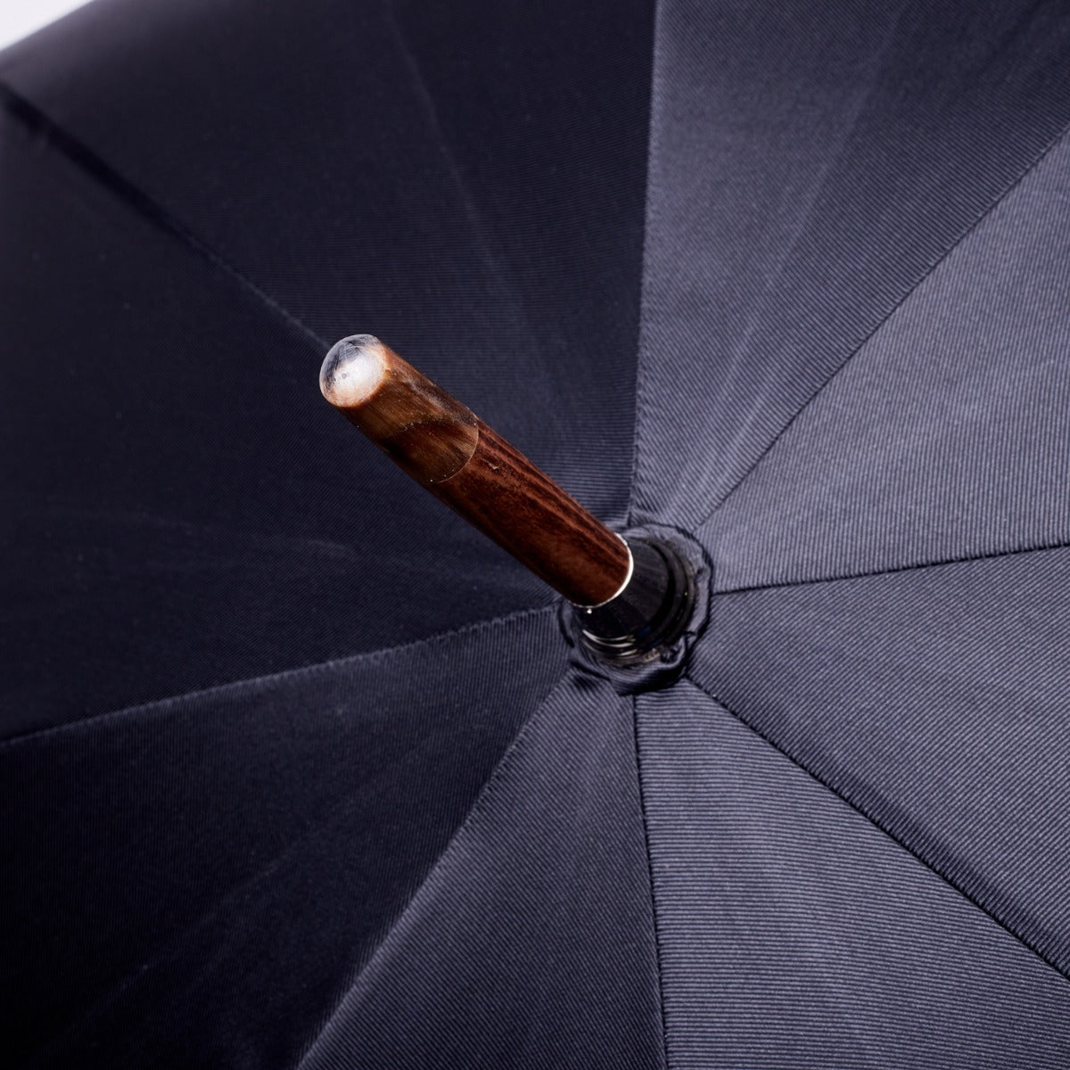 A KirbyAllison.com Black Alligator Solid Stick with Black Canopy umbrella with a wooden handle and polyester canopy.