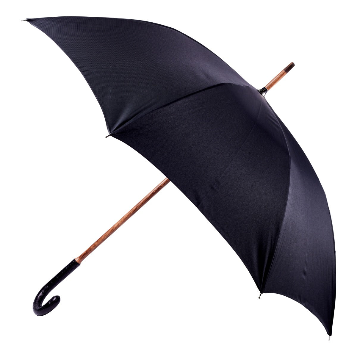 A Black Alligator Solid Stick with Black Canopy umbrella with wooden handle on a white background, by KirbyAllison.com.