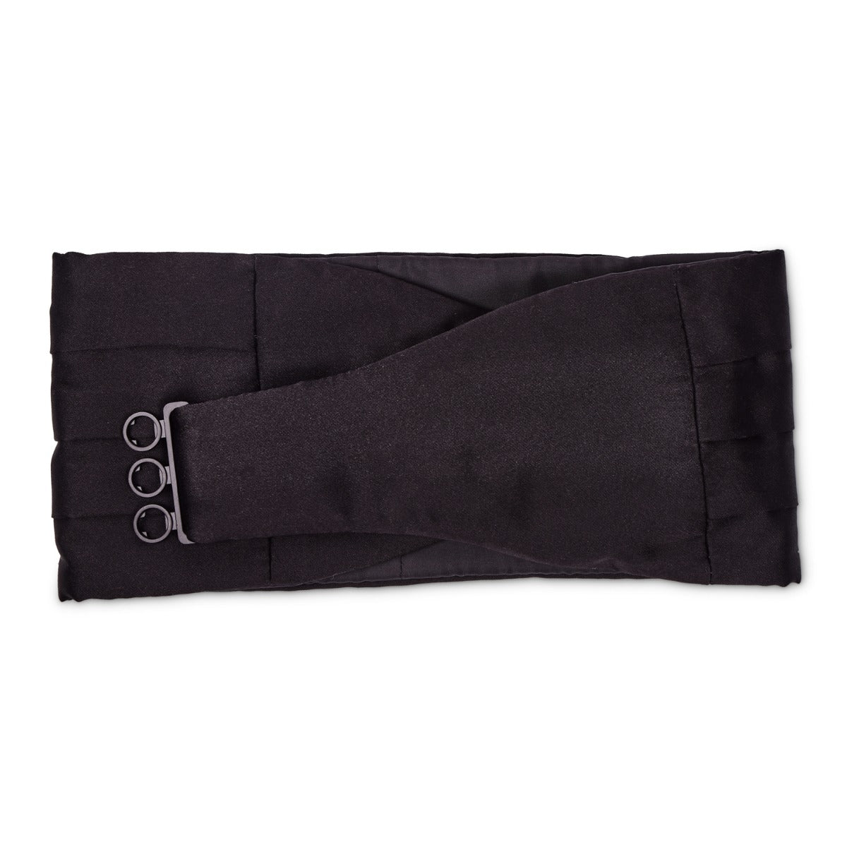 A Sovereign Grade Black Satin Cummerbund with a metal buckle, a formalwear accessory from KirbyAllison.com.
