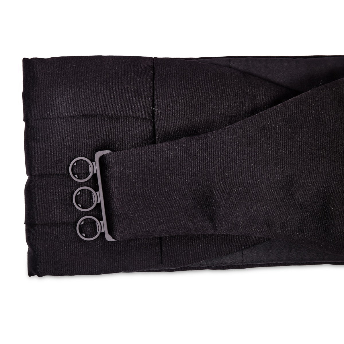 A Sovereign Grade Black Satin Cummerbund with metal buckles, a formalwear accessory by KirbyAllison.com.
