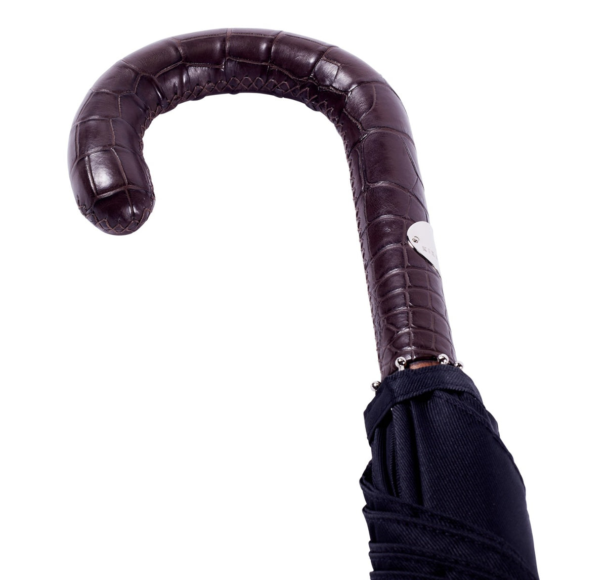 A KirbyAllison.com Brown Alligator Solid Stick umbrella with a black handle.
