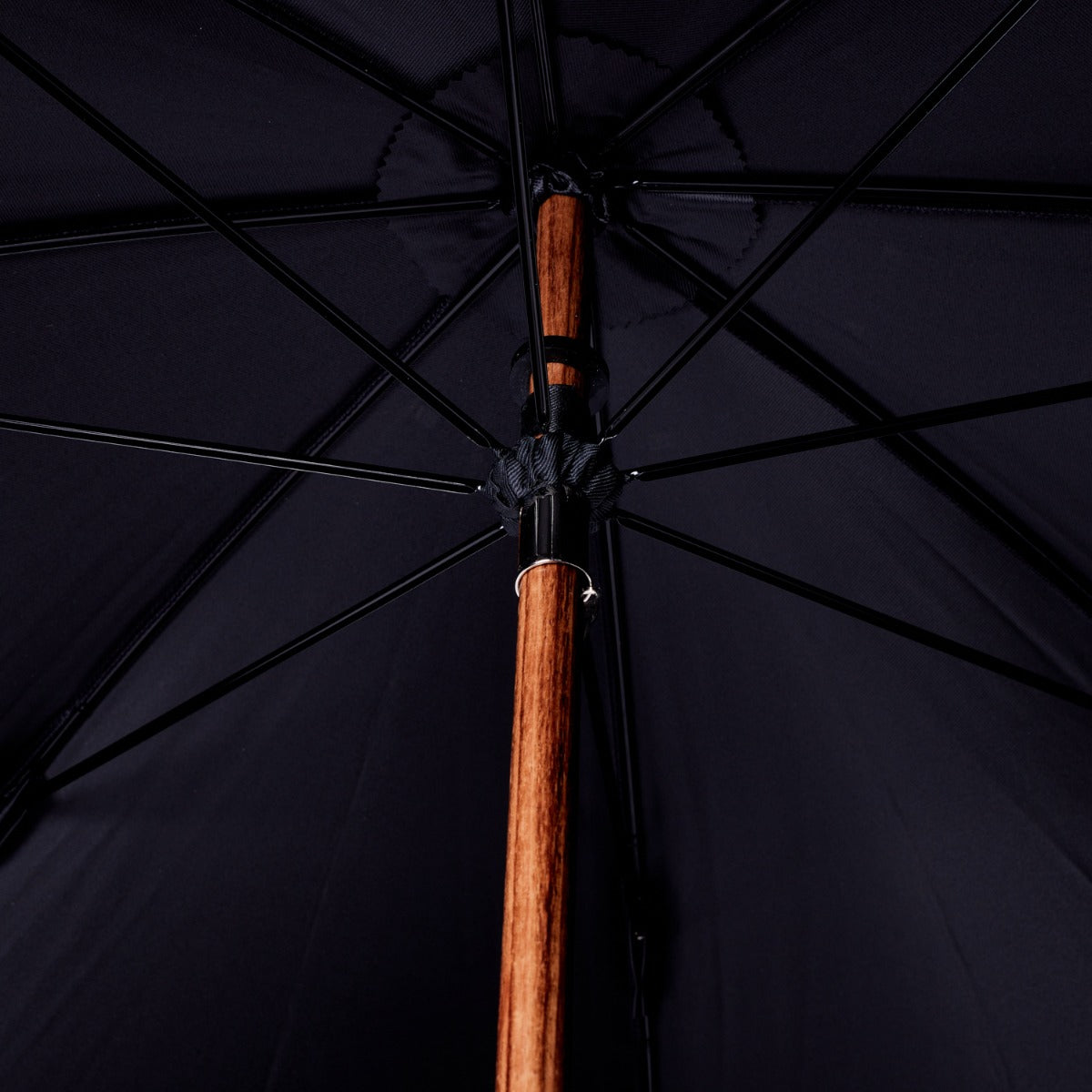 A KirbyAllison.com Brown Alligator Solid Stick with Black Canopy umbrella with a wooden handle.