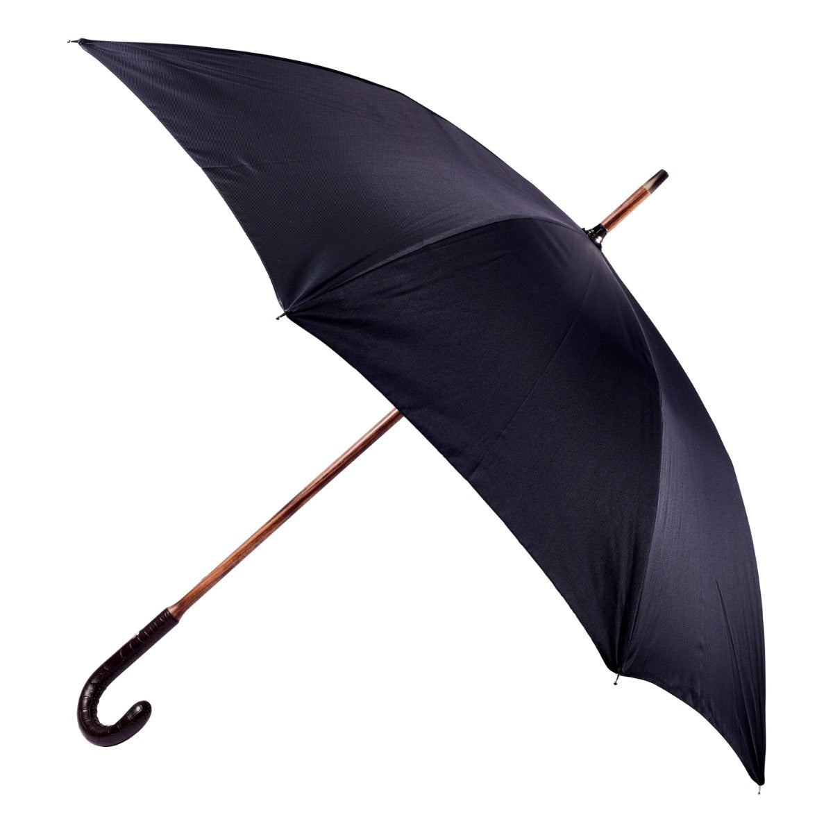 A KirbyAllison.com Brown Alligator Solid Stick umbrella with a wooden handle on a white background.