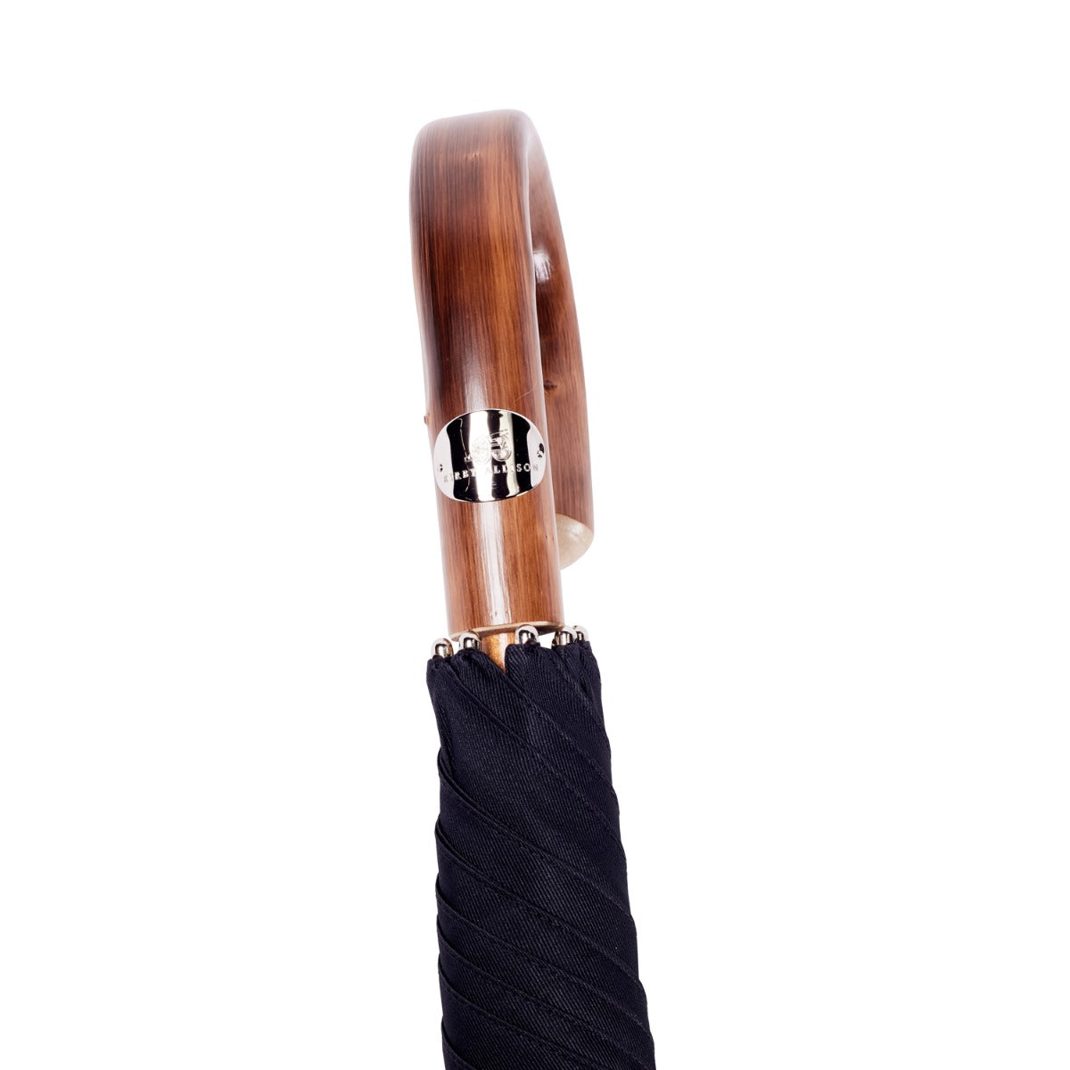 A Chestnut Solid Stick Umbrella with Black Canopy by KirbyAllison.com with a wooden knob-end handle.
