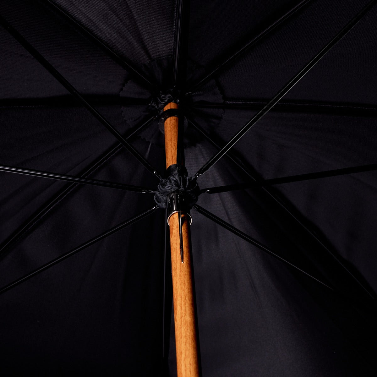 A Chestnut Solid Stick Umbrella with Black Canopy by KirbyAllison.com, with a wooden handle and knob-end.