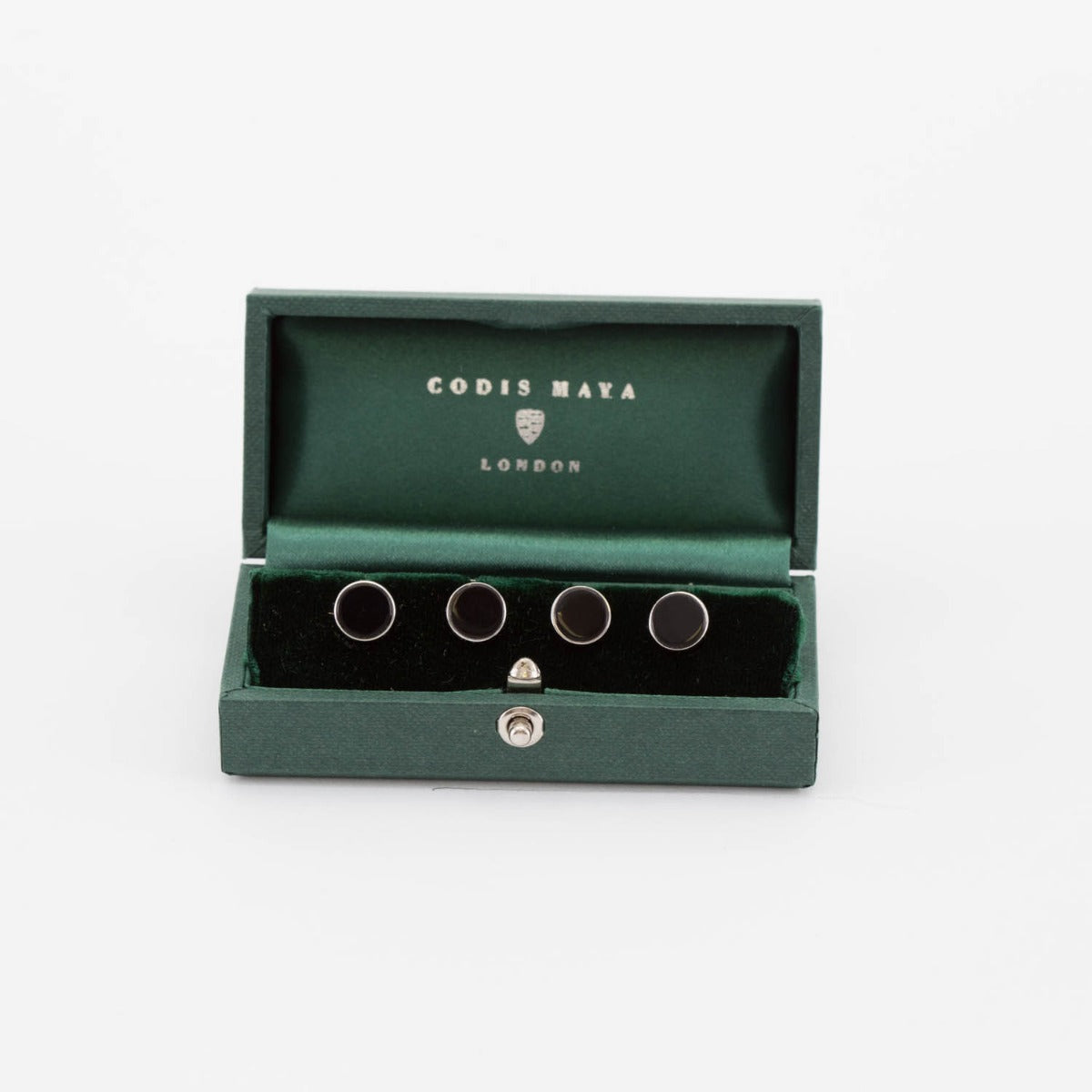 An ethically sourced Rhodium Plated Onyx Stud set of cufflinks in a green box from KirbyAllison.com.