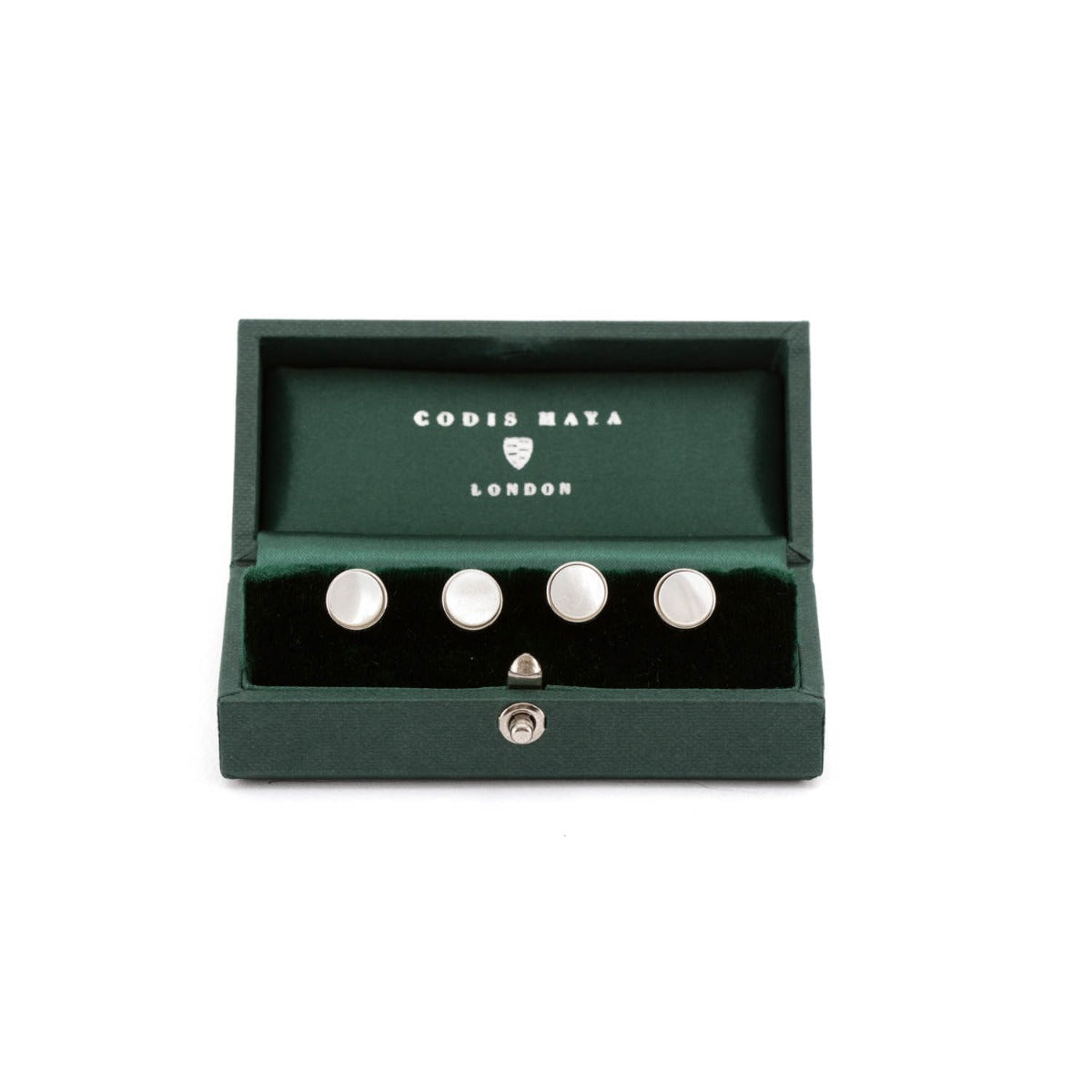 A set of Rhodium Plated Mother of Pearl Stud Set cufflinks in a green box from KirbyAllison.com.