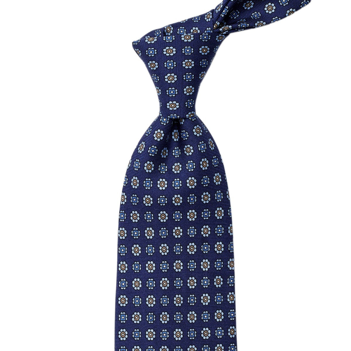 A Sovereign Grade Navy Floral 36oz Printed Silk Tie by KirbyAllison.com, handmade with a floral pattern, made from 100% English silk.
