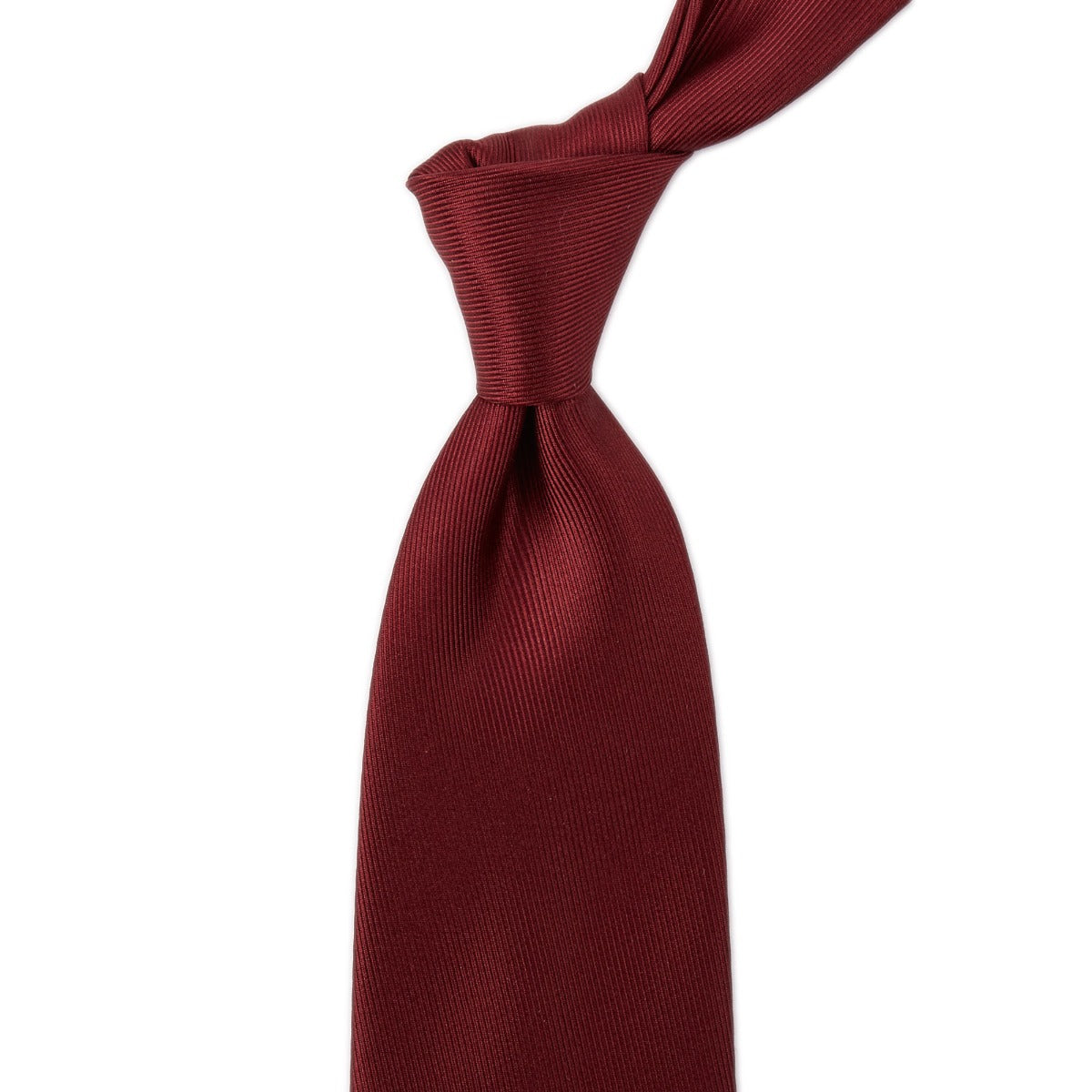 A Sovereign Grade 50oz KirbyAllison.com Burgundy Horizontal Solid Twill Silk Tie on a white background.