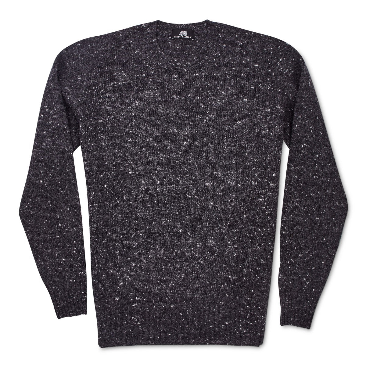 A black KirbyAllison.com Sovereign Grade Grey Donegal Crew Neck sweater with a speckled pattern.
