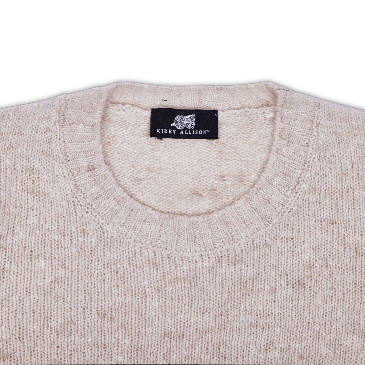 A Sovereign Grade Oatmeal Donegal Crew Neck Sweater from KirbyAllison.com with a label on it.