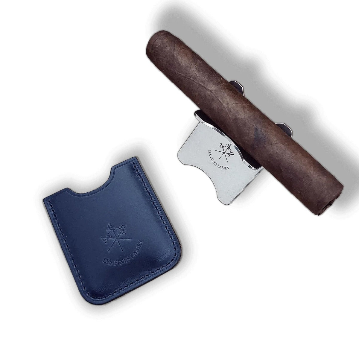 A Kirby Allison Petrol Blue Cigar Stand featuring a calfskin leather case for holding a Les Fines Lames cigar.
