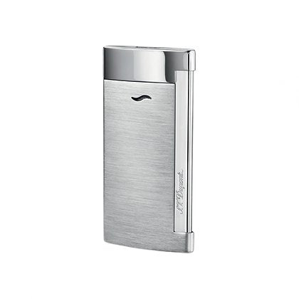 A S.T. Dupont Slim 7 Brushed Chrome Lighter from the S.T. Dupont Slim 7 collection, showcasing ultra-thin technology, placed on a white background.