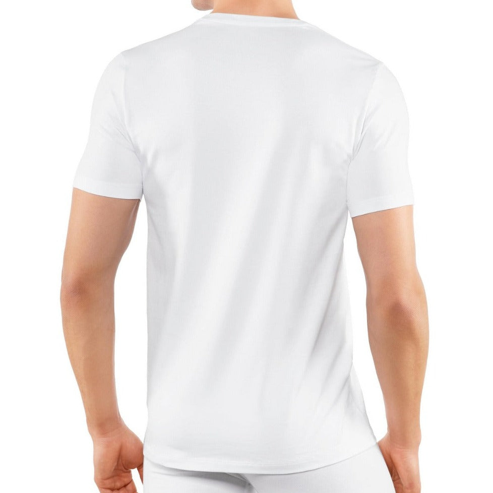 A man wearing a KirbyAllison.com Falke Men Underwear Crew Neck T-Shirt 2-Pack.