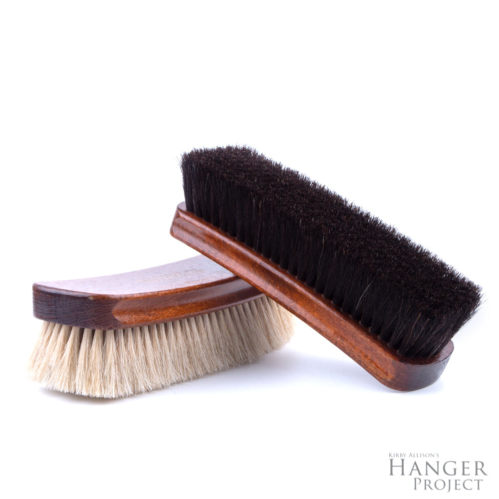 A pair of Extra-Large Wellington Horsehair Shoe Polishing Brushes from KirbyAllison.com on a white background.