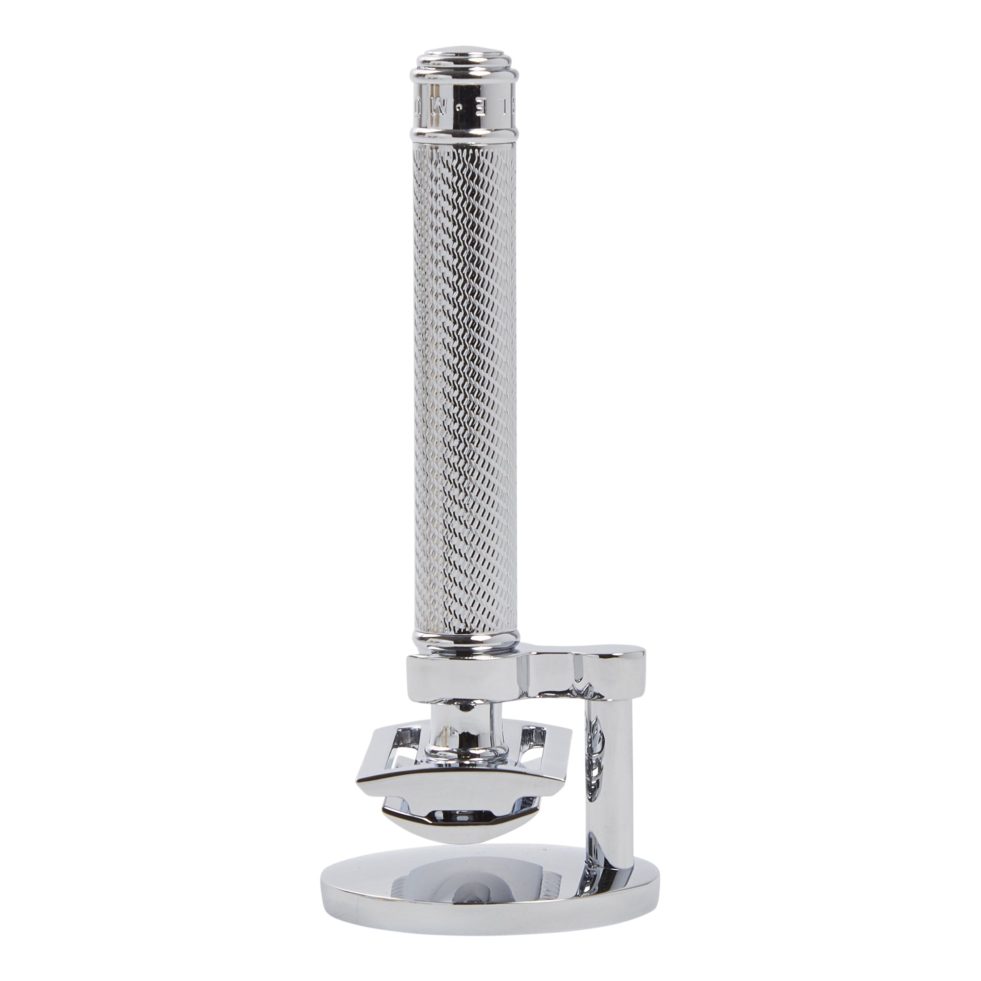 An elegant chrome Muhle Safety Razor Stand from KirbyAllison.com on a white background.