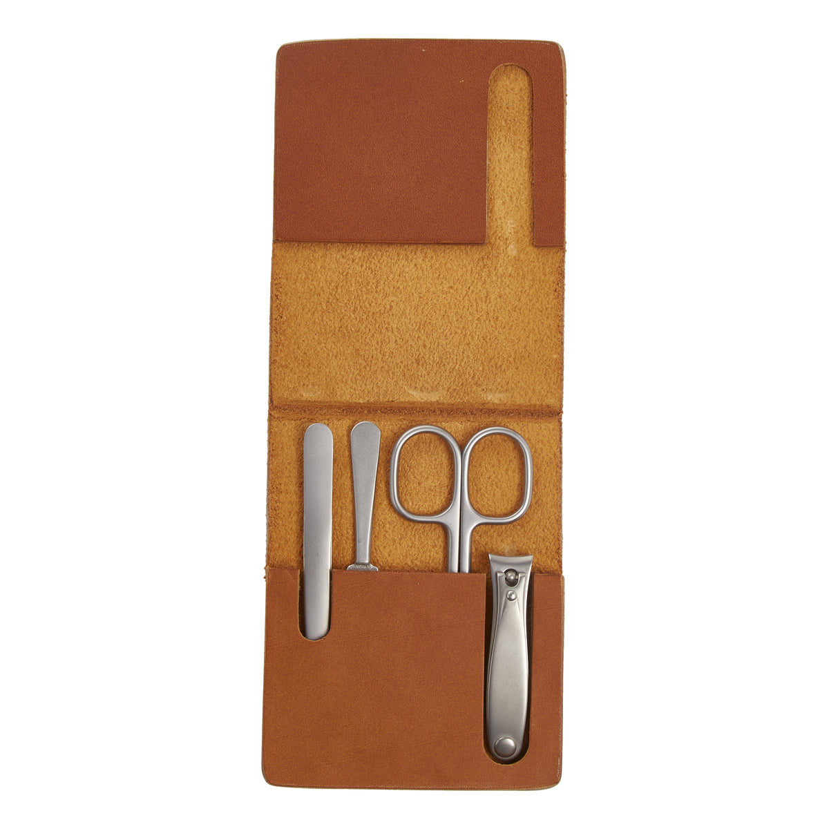 A gentleman's Dopp kit featuring an elegant KirbyAllison.com Muhle Leather Manicure Set.