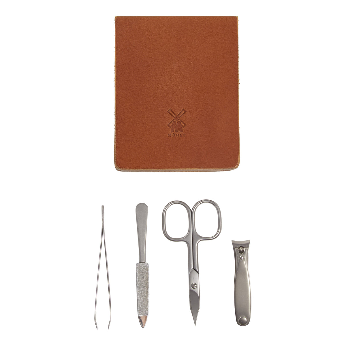 An elegant brown Muhle Leather Manicure Set with scissors, pliers, and a notebook from KirbyAllison.com.