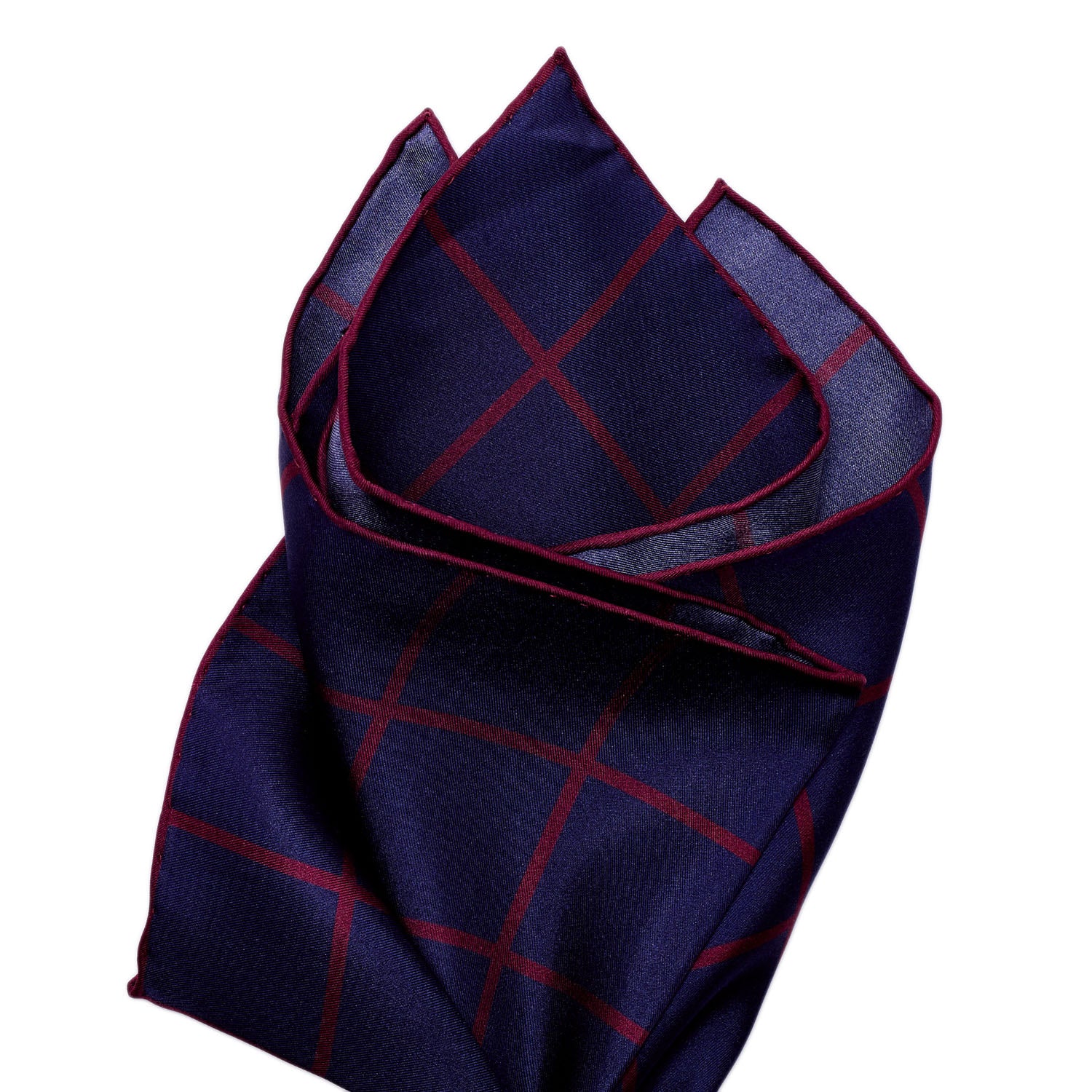 A Sovereign Grade Prince of Wales Pocket Square in Navy/Burgundy, by KirbyAllison.com, featuring a blue and red plaid pattern on a white background.