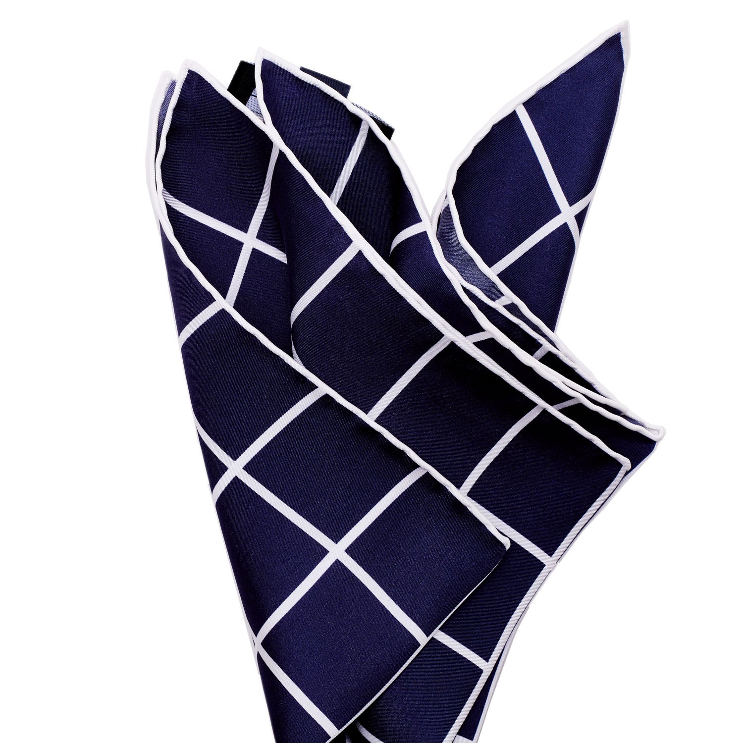 A silk Sovereign Grade Prince of Wales Pocket Square, Navy/White, featuring a blue and white Prince of Wales design, showcased against a pristine white background from KirbyAllison.com.
