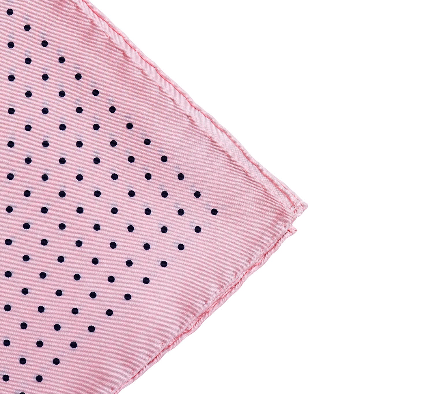 A pink polka dot silk Sovereign Grade 100% Silk Pink London Dot Pocket Square with black dots, hand-rolled edges, from KirbyAllison.com.