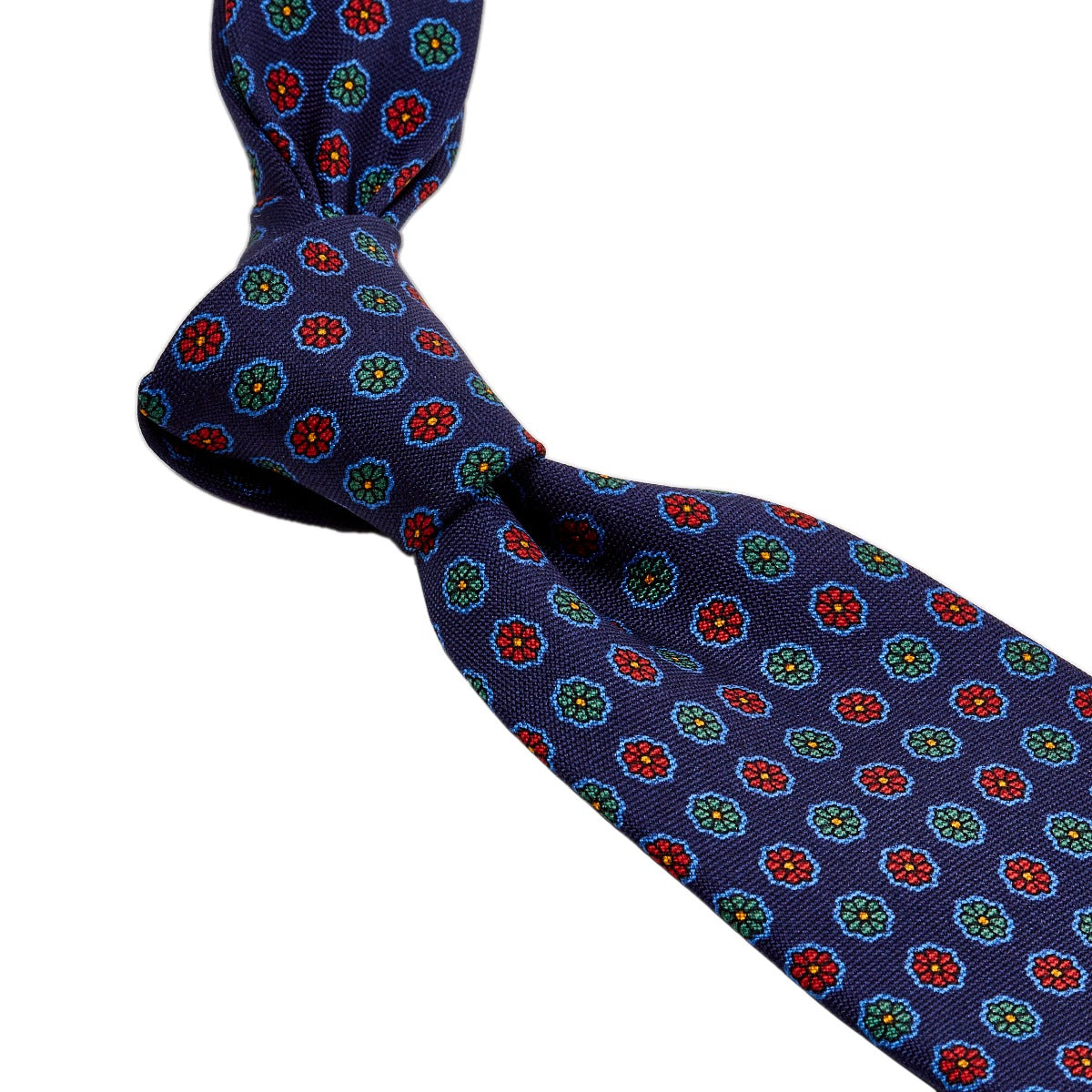 A Sovereign Grade Red Floral 25 oz Hopsack Silk Tie with colorful circles from KirbyAllison.com.