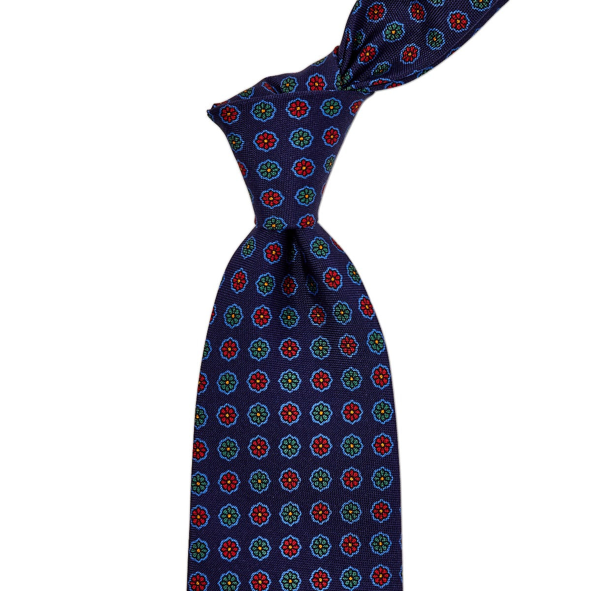 A Sovereign Grade Red Floral 25 oz Hopsack Silk Tie with circular patterns on a blue background, sold by KirbyAllison.com.