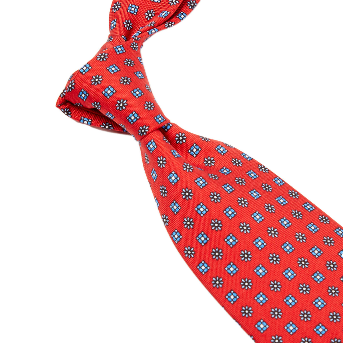 A KirbyAllison.com Sovereign Grade Red Floral 25oz Silk Hopsack Tie (150x8.5 cm) with blue and white polka dots.