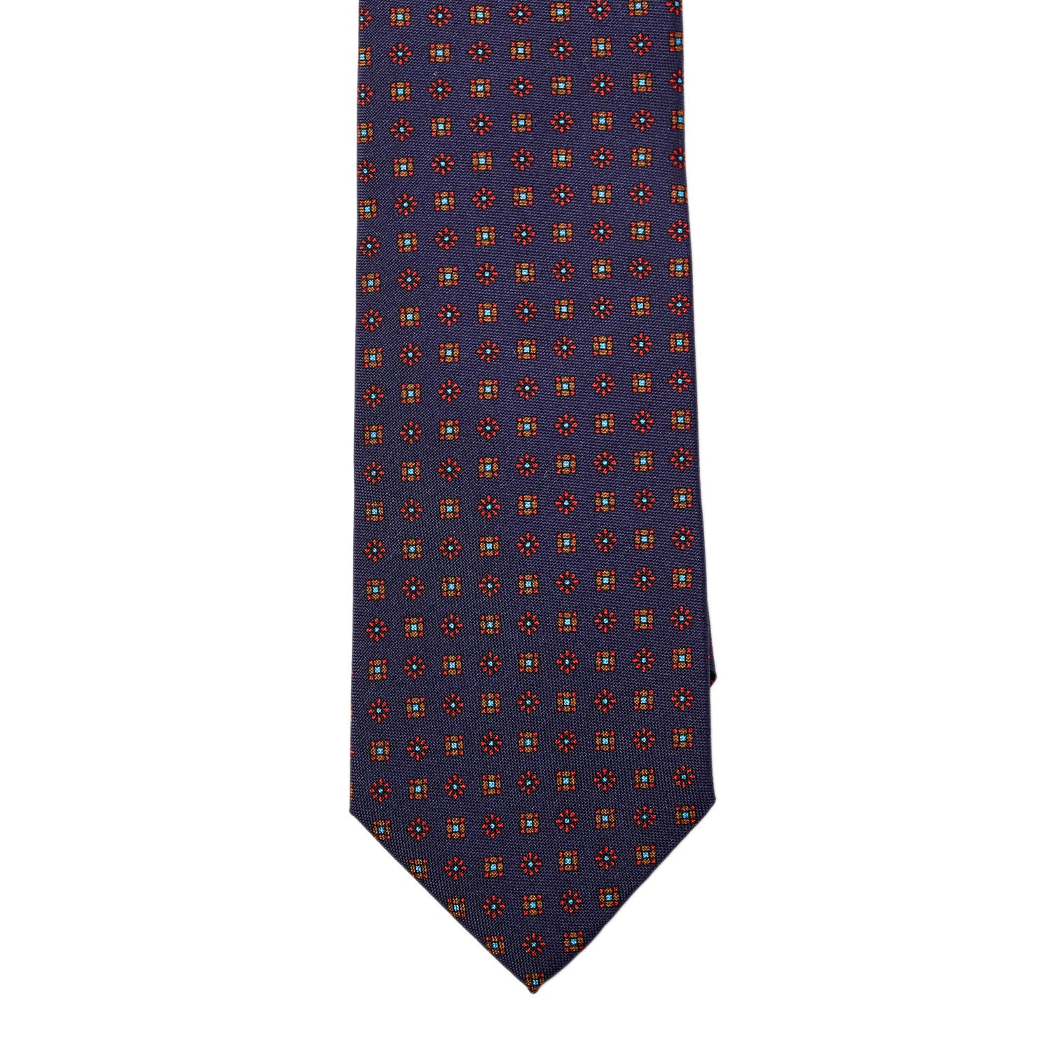 Handmade in the United Kingdom, this KirbyAllison.com Sovereign Grade Navy Floral 25oz Silk Hopsack Tie (150x8.5 cm) showcases quality craftsmanship with a red, orange and blue pattern.