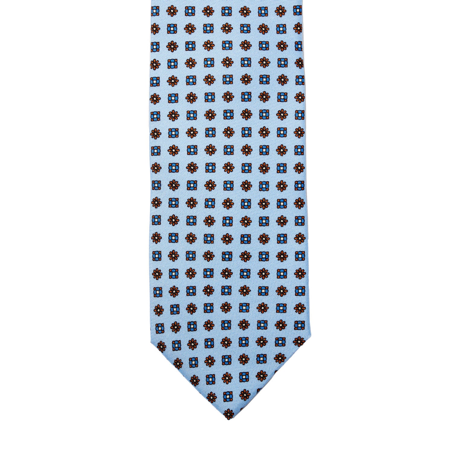 A handmade Sovereign Grade Baby Blue Floral 25oz Silk Hopsack Tie (150x8.5 cm) with brown and blue polka dots showcasing KirbyAllison.com's craftsmanship.
