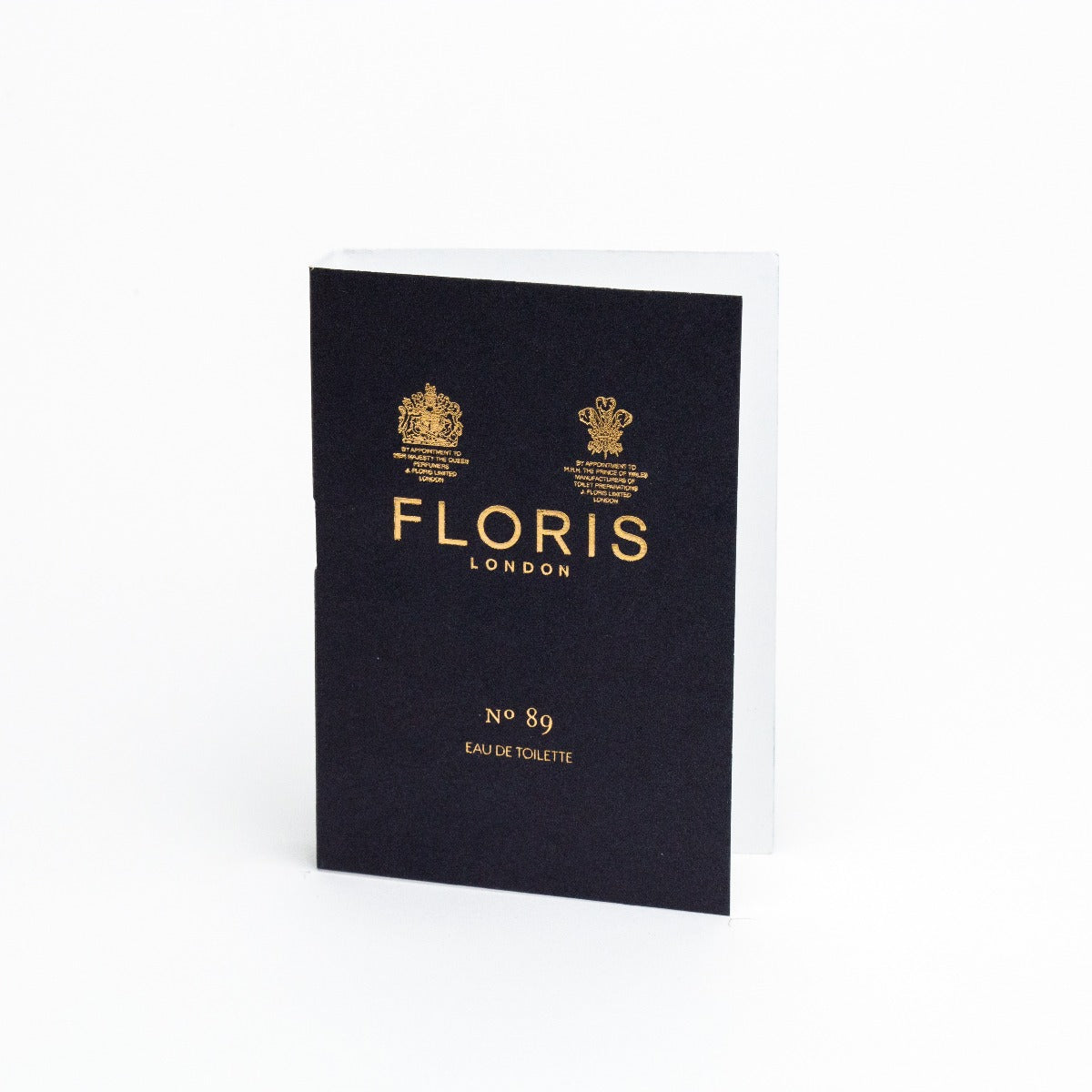 A black card with the word Floris No.89 Sample Vials on it, featuring full-price bottle scents and fragrance samples by KirbyAllison.com.