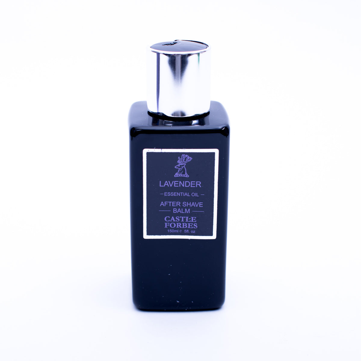 A bottle of Castle Forbes Lavender Essential Aftershave Balm by KirbyAllison.com on a white background, alcohol-free.