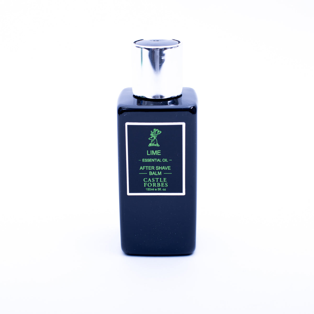 A black bottle of Castle Forbes Lime Essential Aftershave Balm by KirbyAllison.com on a white background.