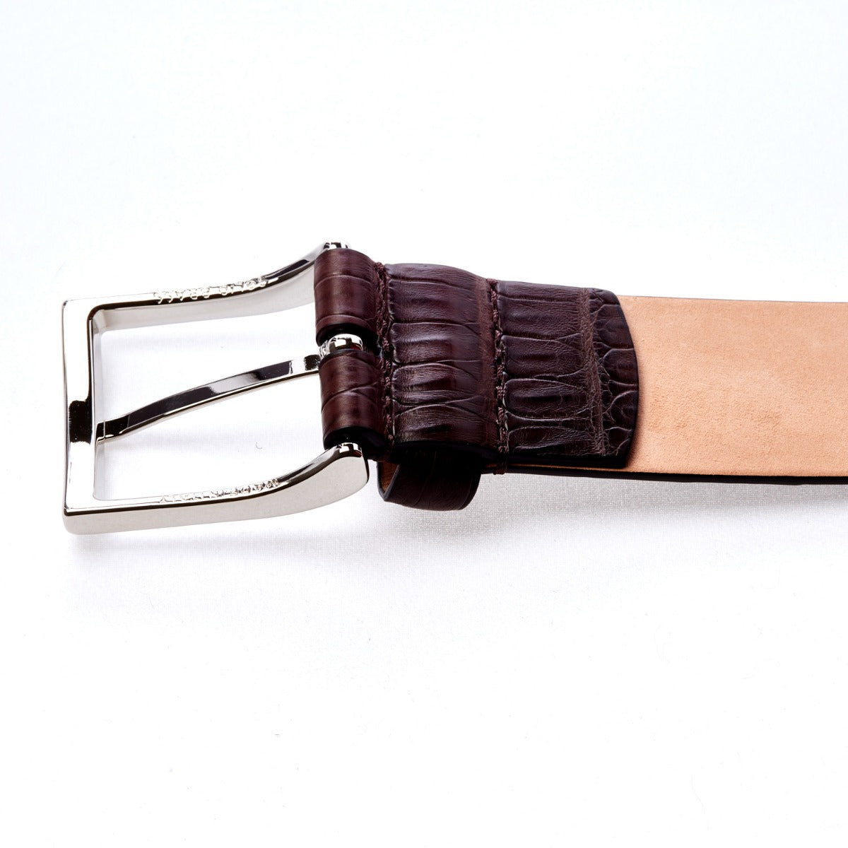 A Sovereign Grade Medium Brown Crocodile Belt with a satin finish, handcrafted in Italy by KirbyAllison.com.