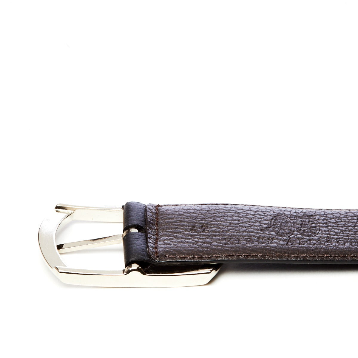 A Sovereign Grade Black Grained Calfskin Reversible Belt by KirbyAllison.com, on a white background featuring Italian calfskin.