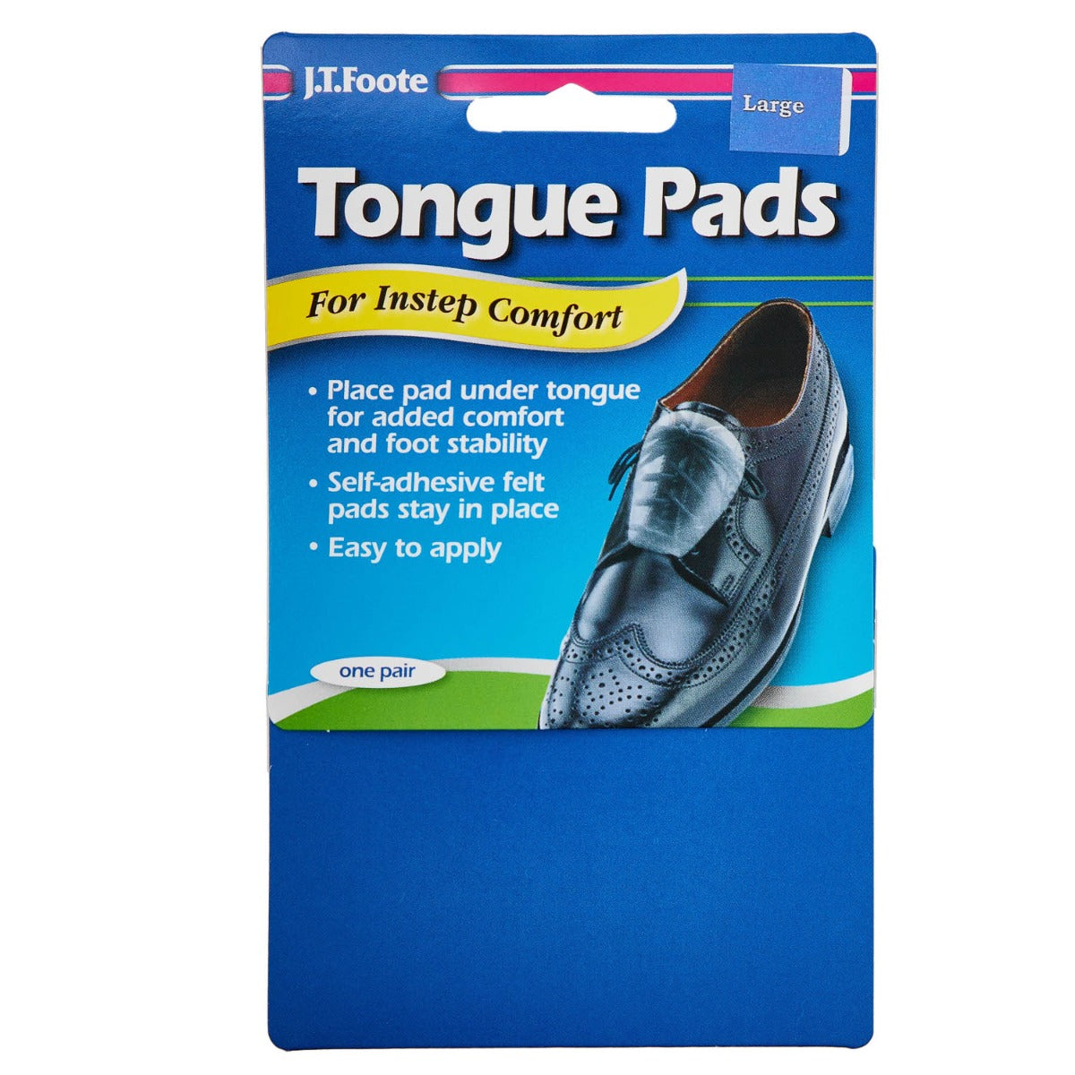 A package of cushioned KirbyAllison.com Large Tongue Pads for leather dress shoes.