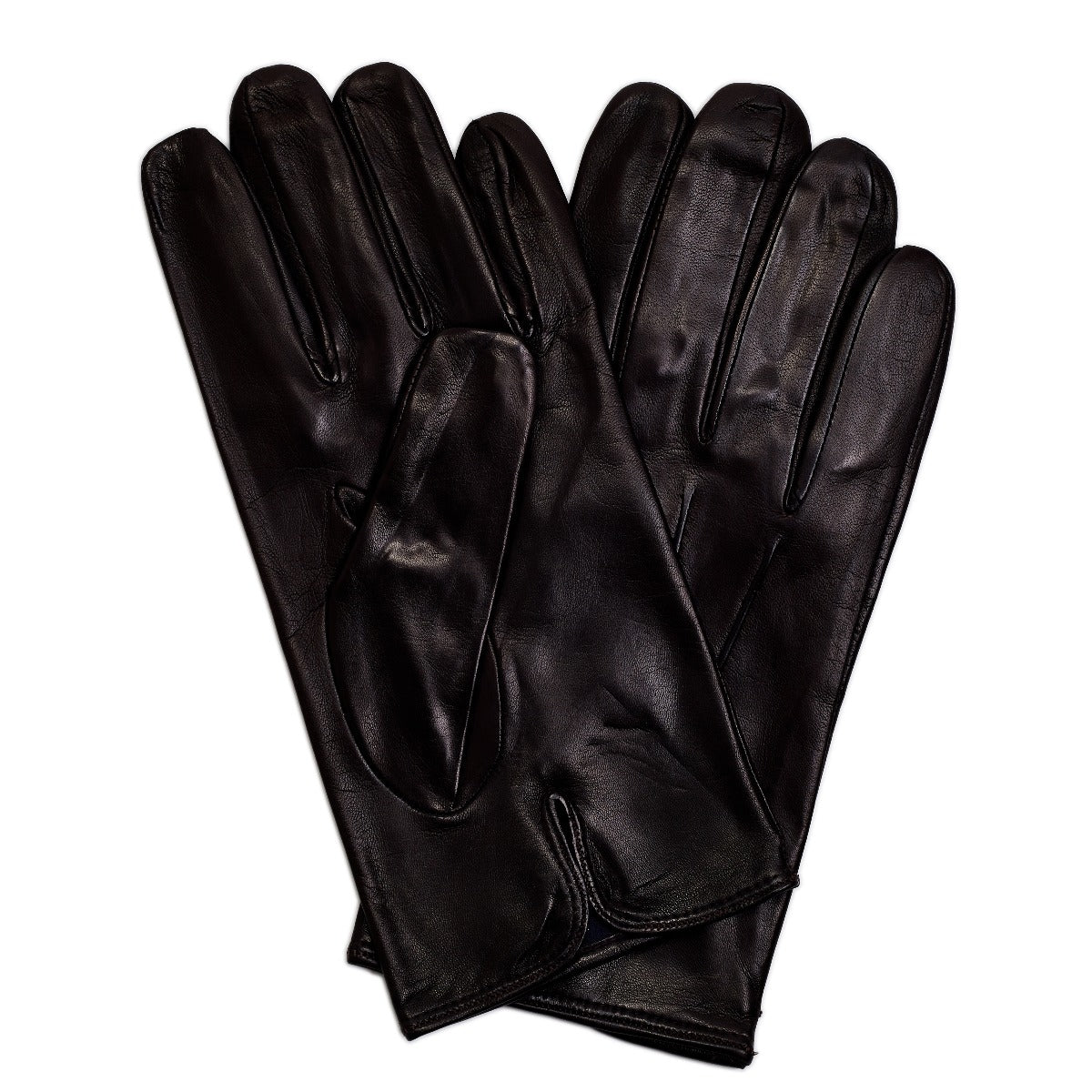 A pair of ultra-soft Sovereign Grade Dark Brown Nappa Leather Gloves, Silk Lined by KirbyAllison.com on a white background.