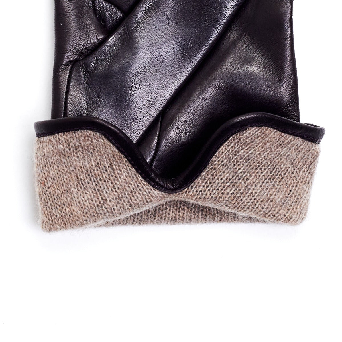 A pair of Sovereign Grade Dark Brown Nappa Leather Gloves, Cashmere Lined by KirbyAllison.com on a white surface.